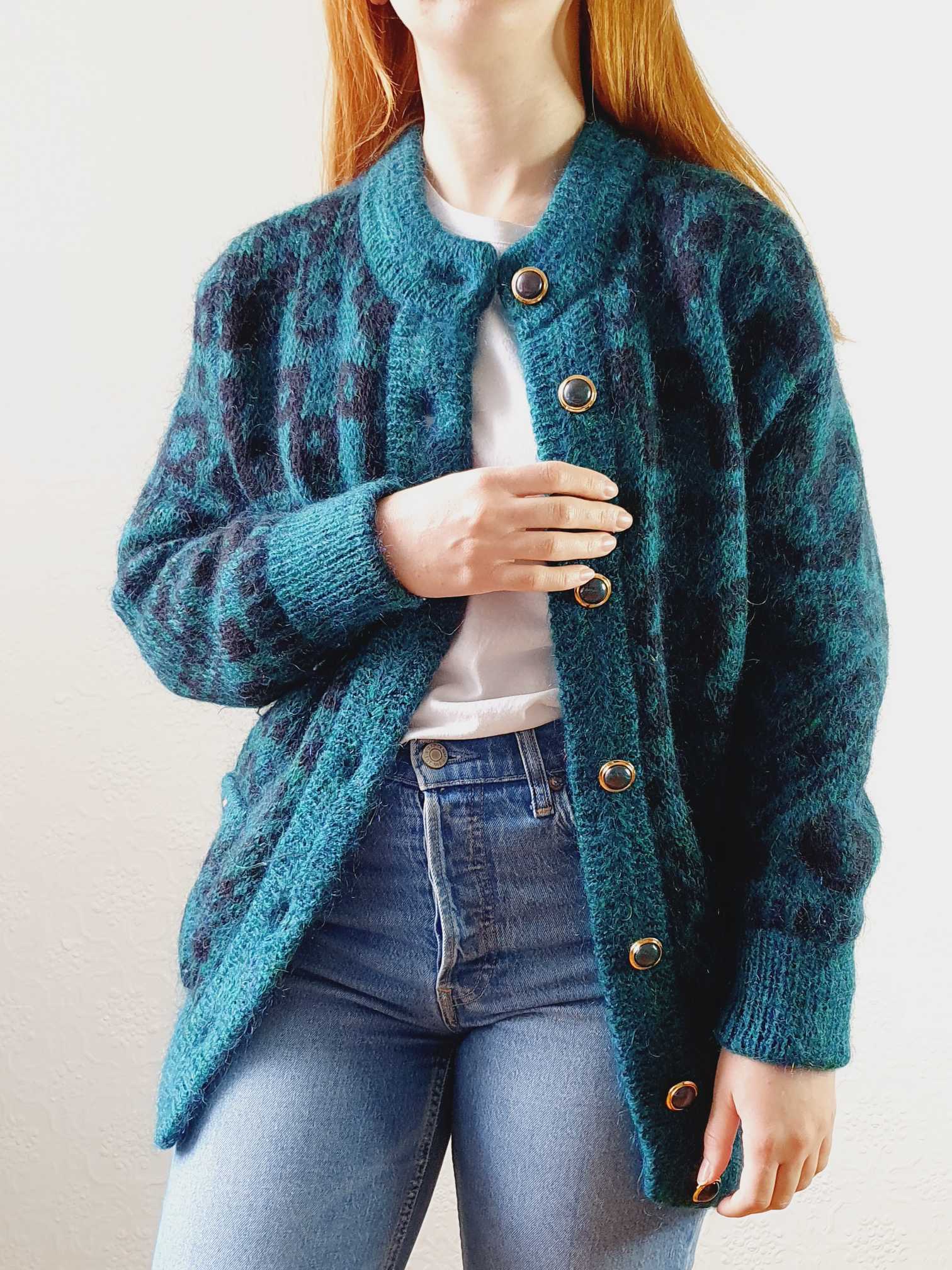 Vintage 80s Green Abstract Pattern Wool Cardigan  - S/M