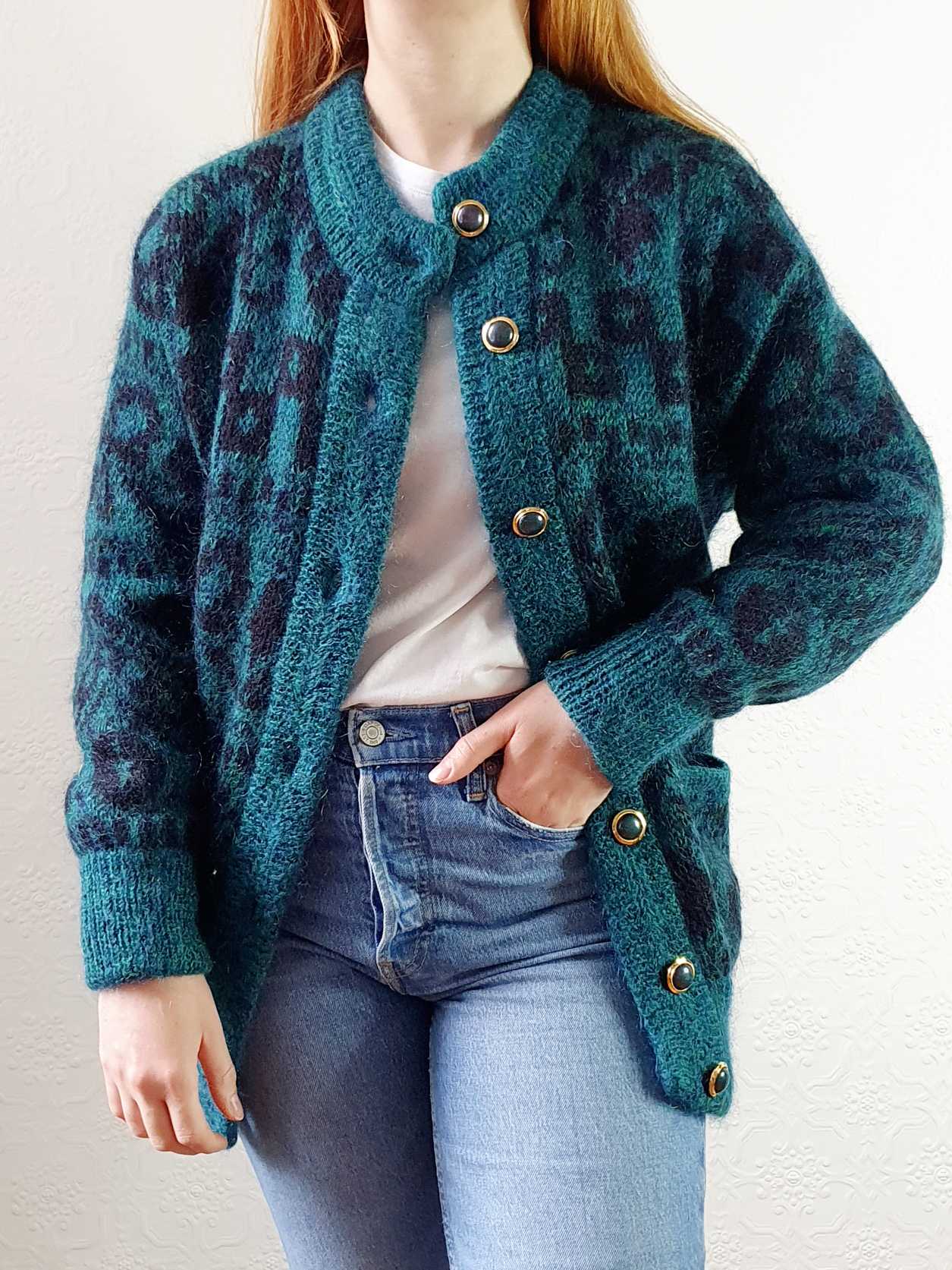 Vintage 80s Green Abstract Pattern Wool Cardigan  - S/M - Image 10