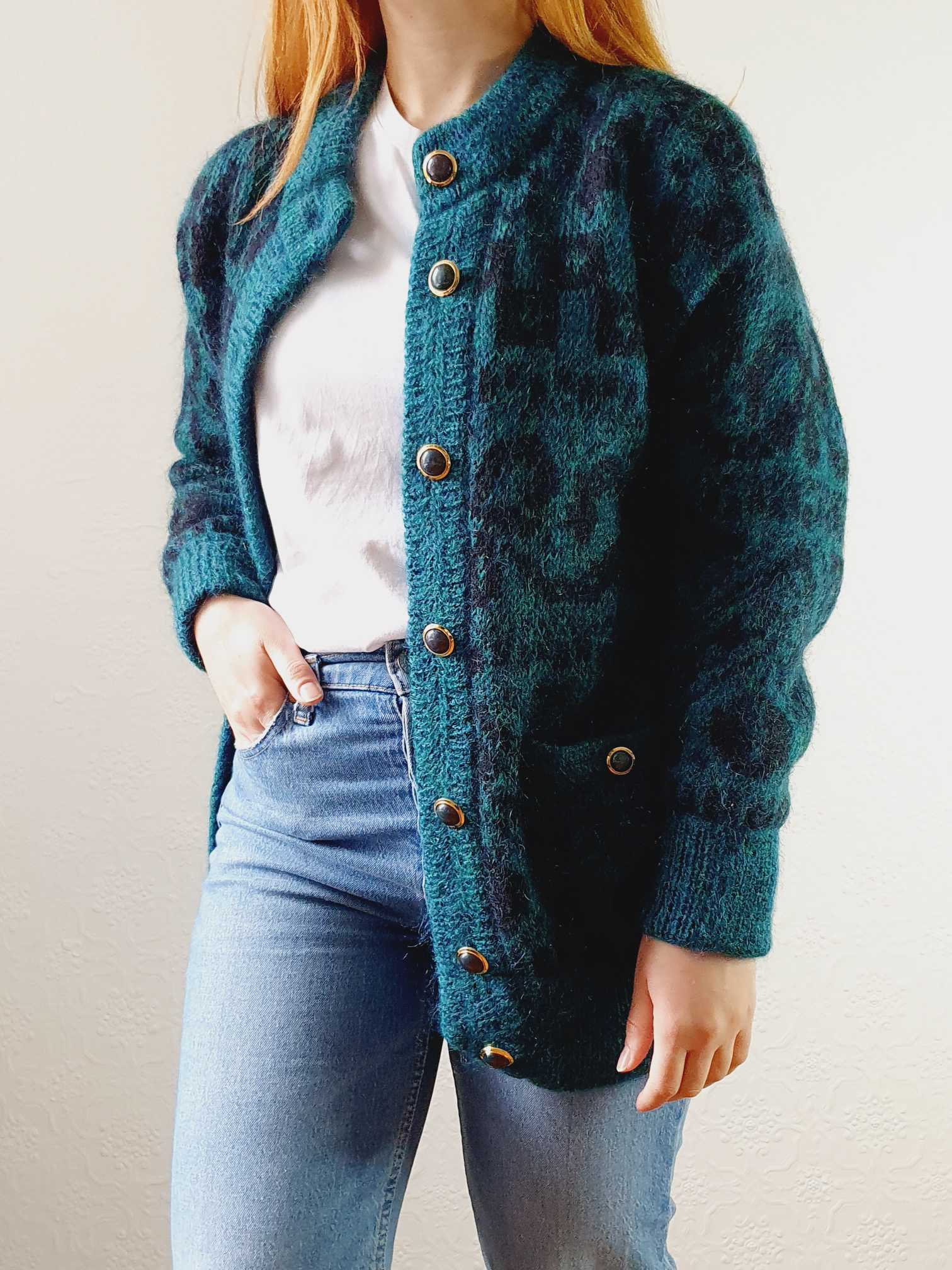 Vintage 80s Green Abstract Pattern Wool Cardigan  - S/M - Image 2