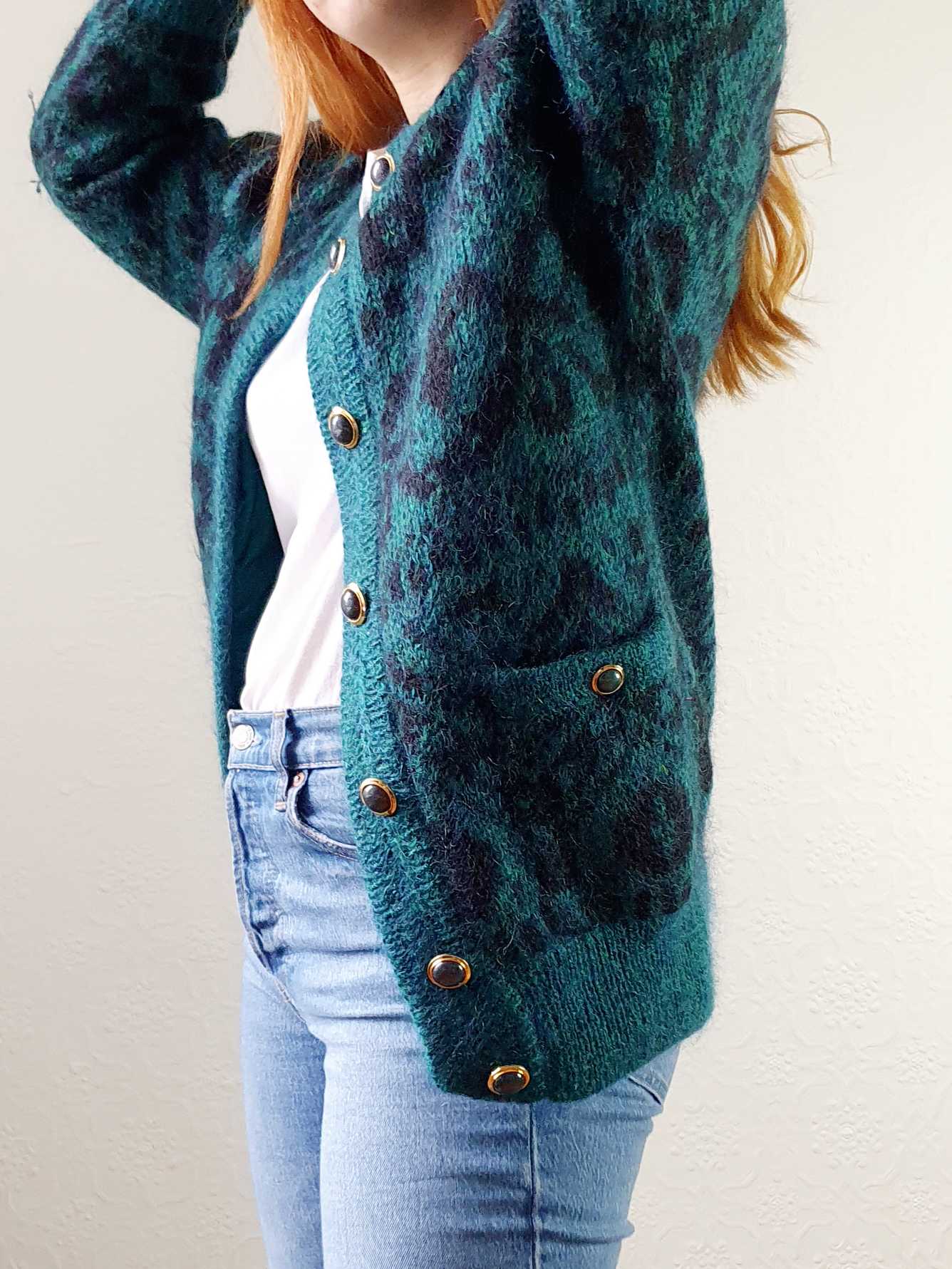 Vintage 80s Green Abstract Pattern Wool Cardigan  - S/M - Image 3