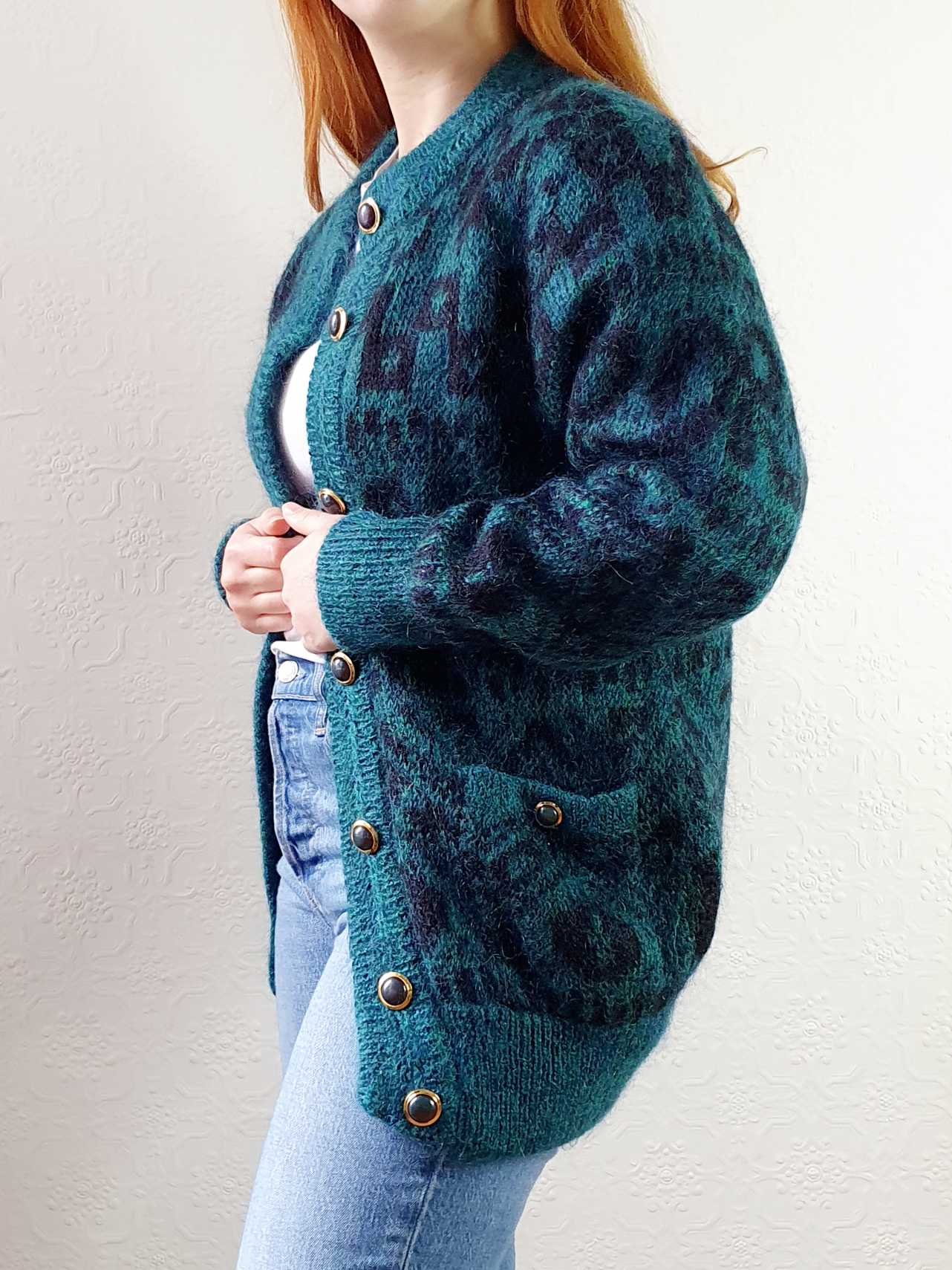 Vintage 80s Green Abstract Pattern Wool Cardigan  - S/M - Image 4