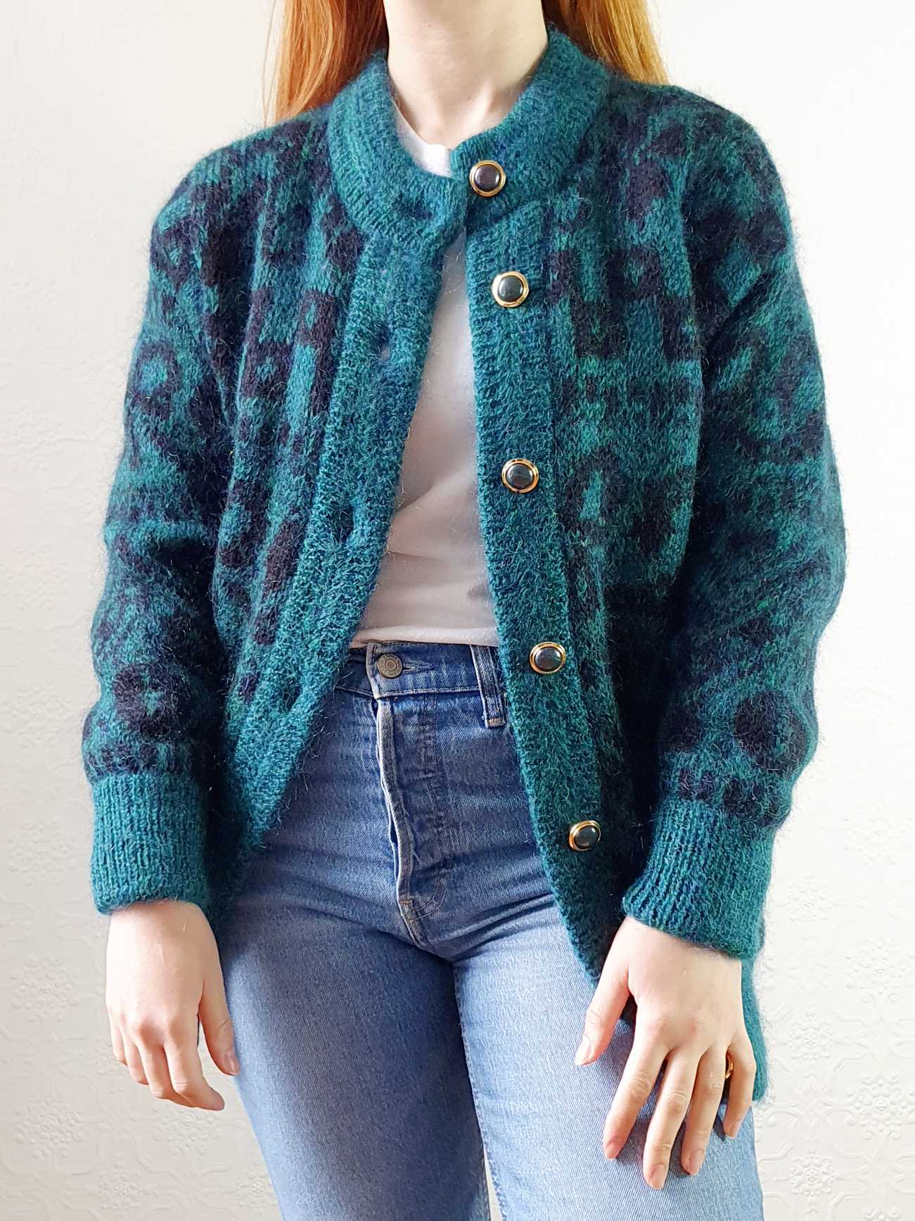 Vintage 80s Green Abstract Pattern Wool Cardigan  - S/M - Image 7
