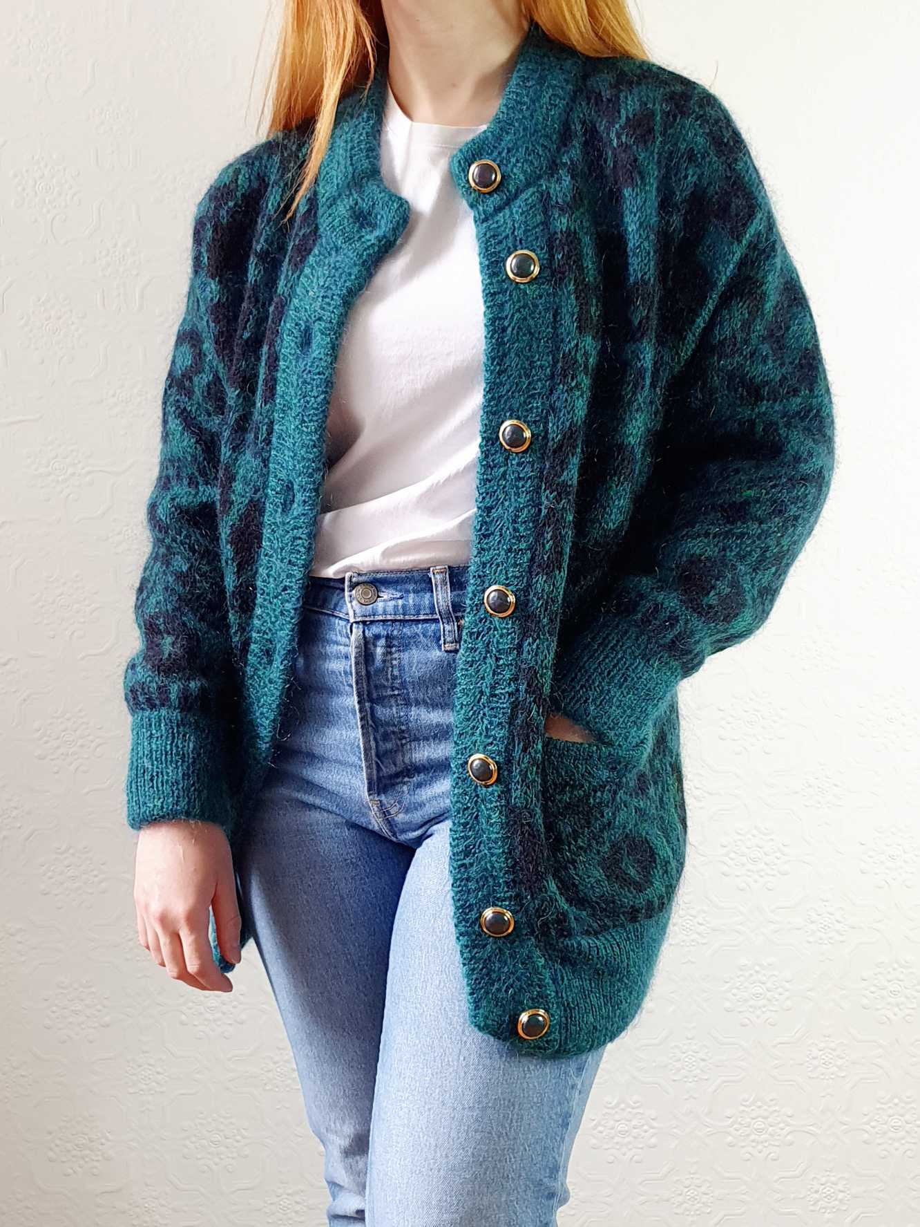 Vintage 80s Green Abstract Pattern Wool Cardigan  - S/M - Image 8