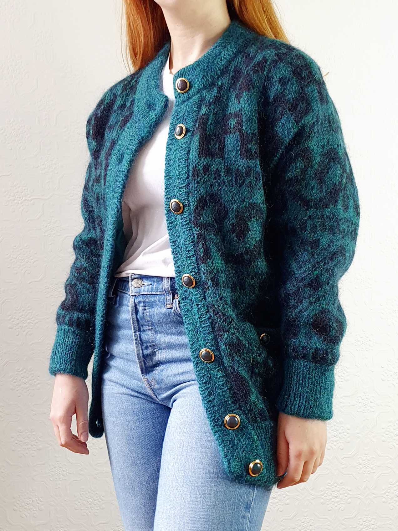 Vintage 80s Green Abstract Pattern Wool Cardigan  - S/M - Image 9