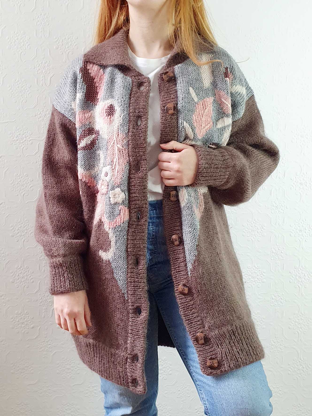 Vintage 80s Mauve Floral Pattern Collared Mohair Cardigan  - L