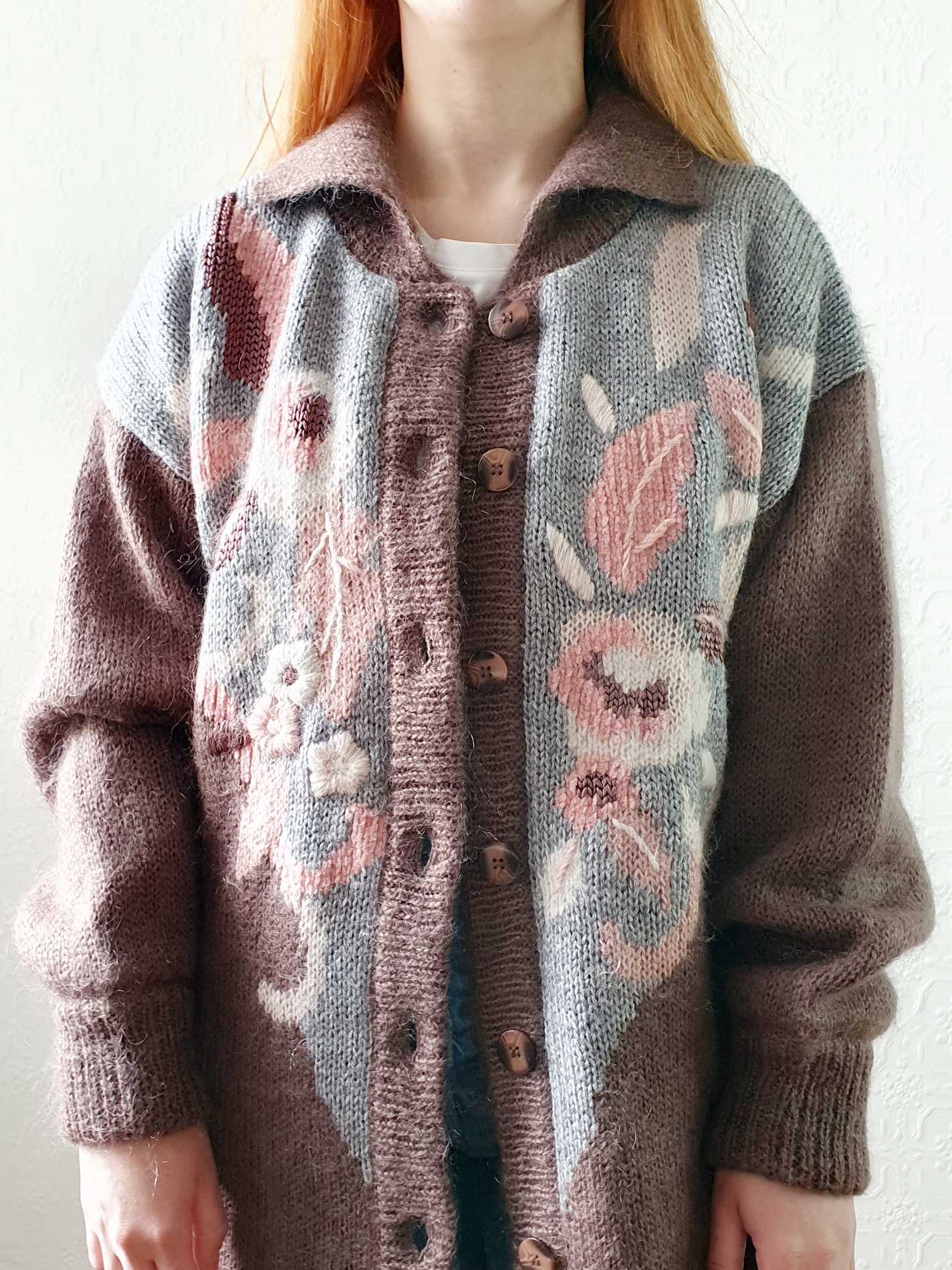 Vintage 80s Mauve Floral Pattern Collared Mohair Cardigan  - L - Image 3