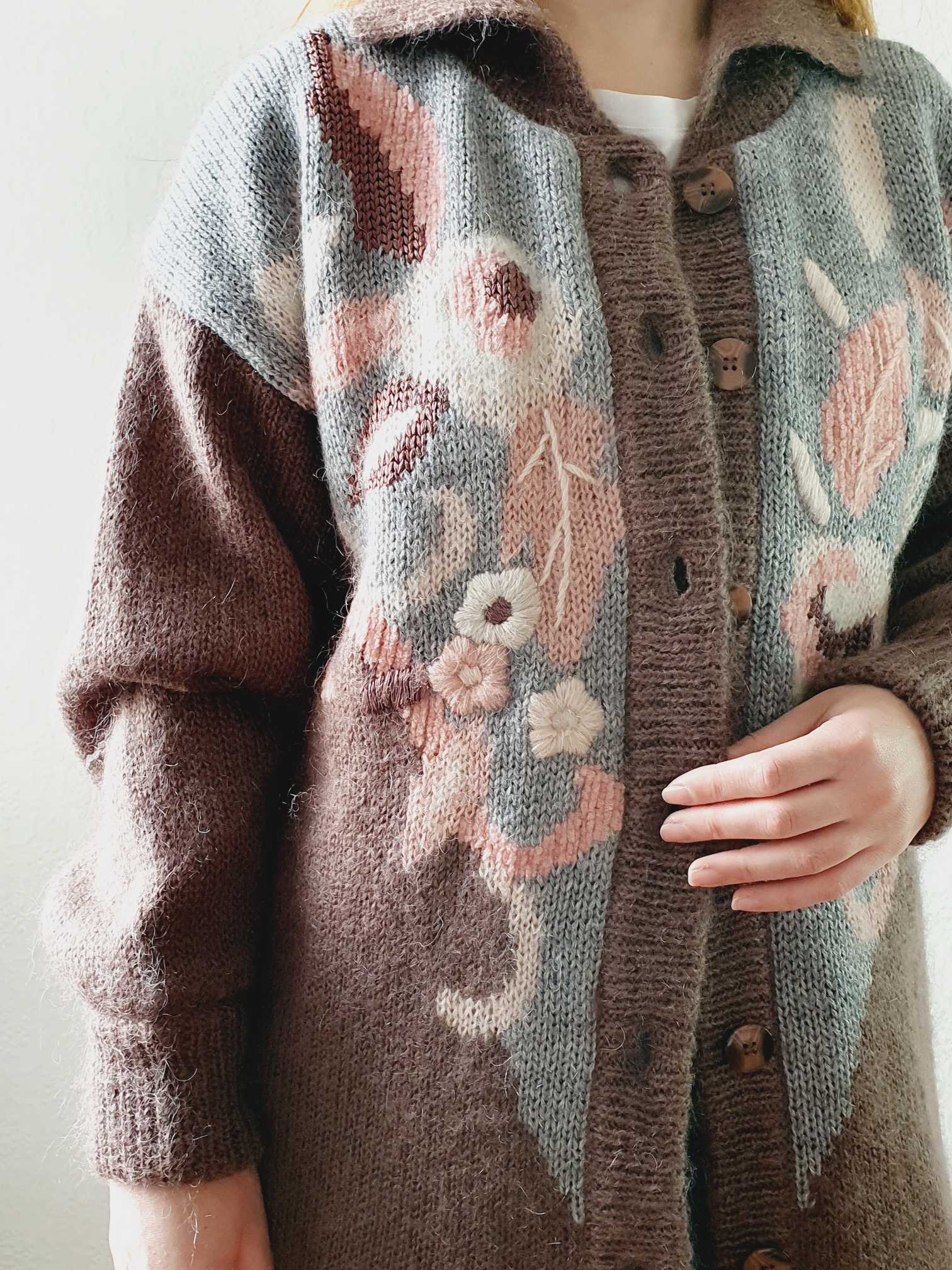 Vintage 80s Mauve Floral Pattern Collared Mohair Cardigan  - L - Image 8