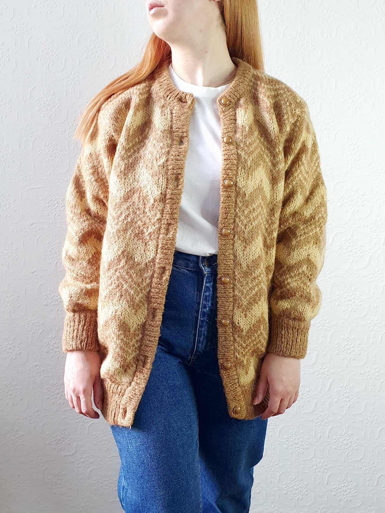 Vintage 80s Mustard Chevron Pattern Wool Cardigan  - M - Image 2