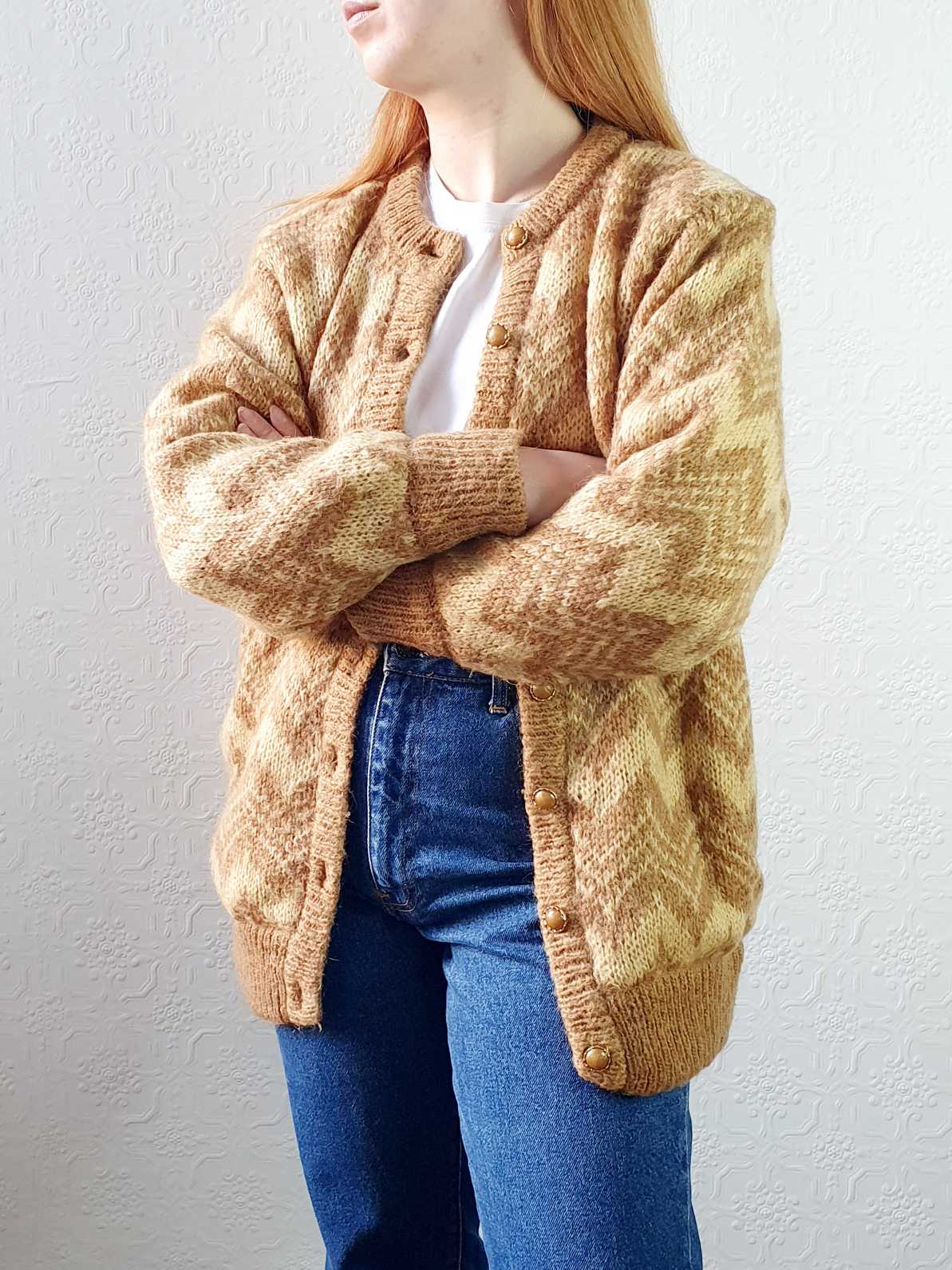 Vintage 80s Mustard Chevron Pattern Wool Cardigan  - M - Image 4