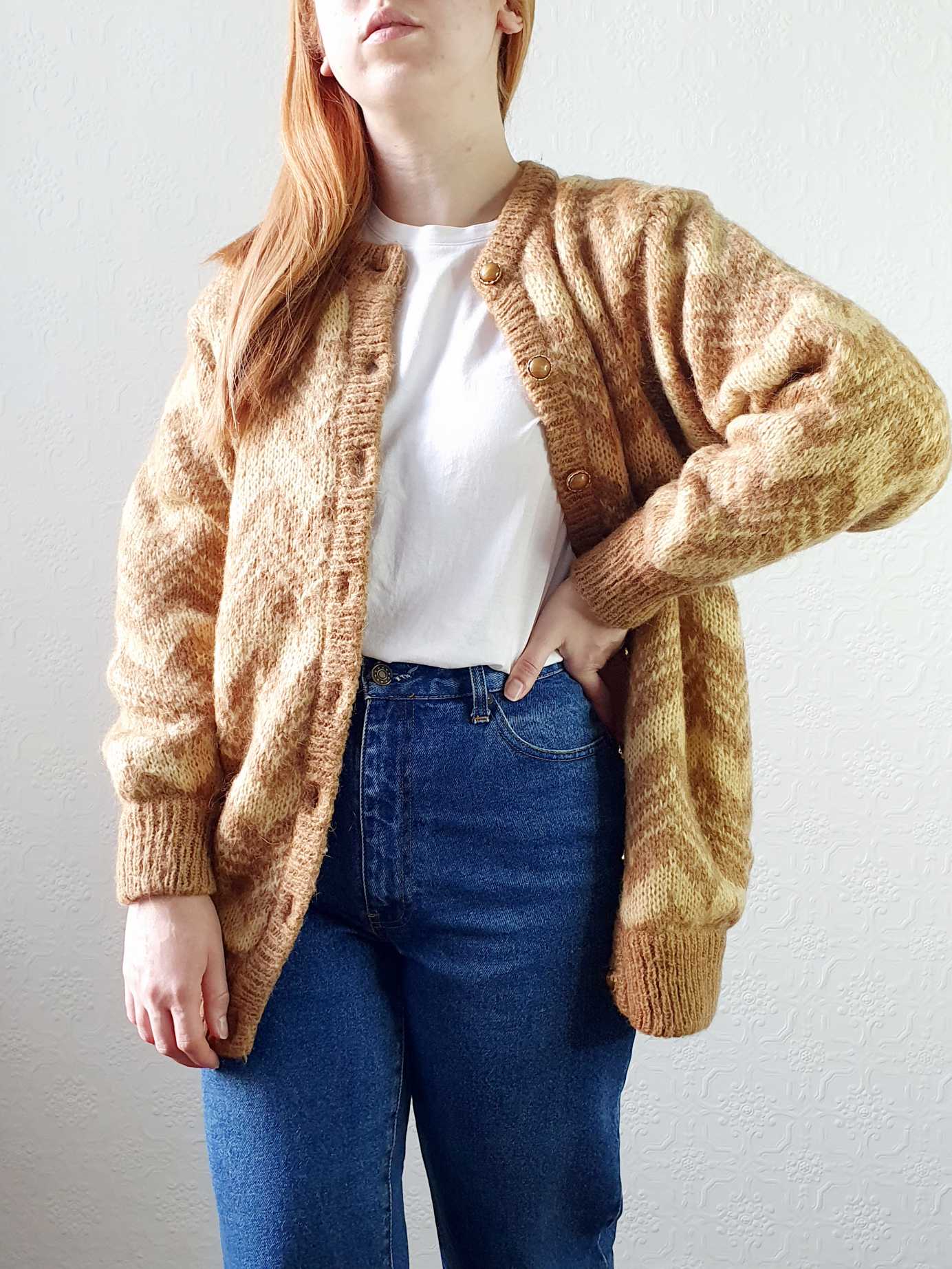 Vintage 80s Mustard Chevron Pattern Wool Cardigan  - M - Image 5