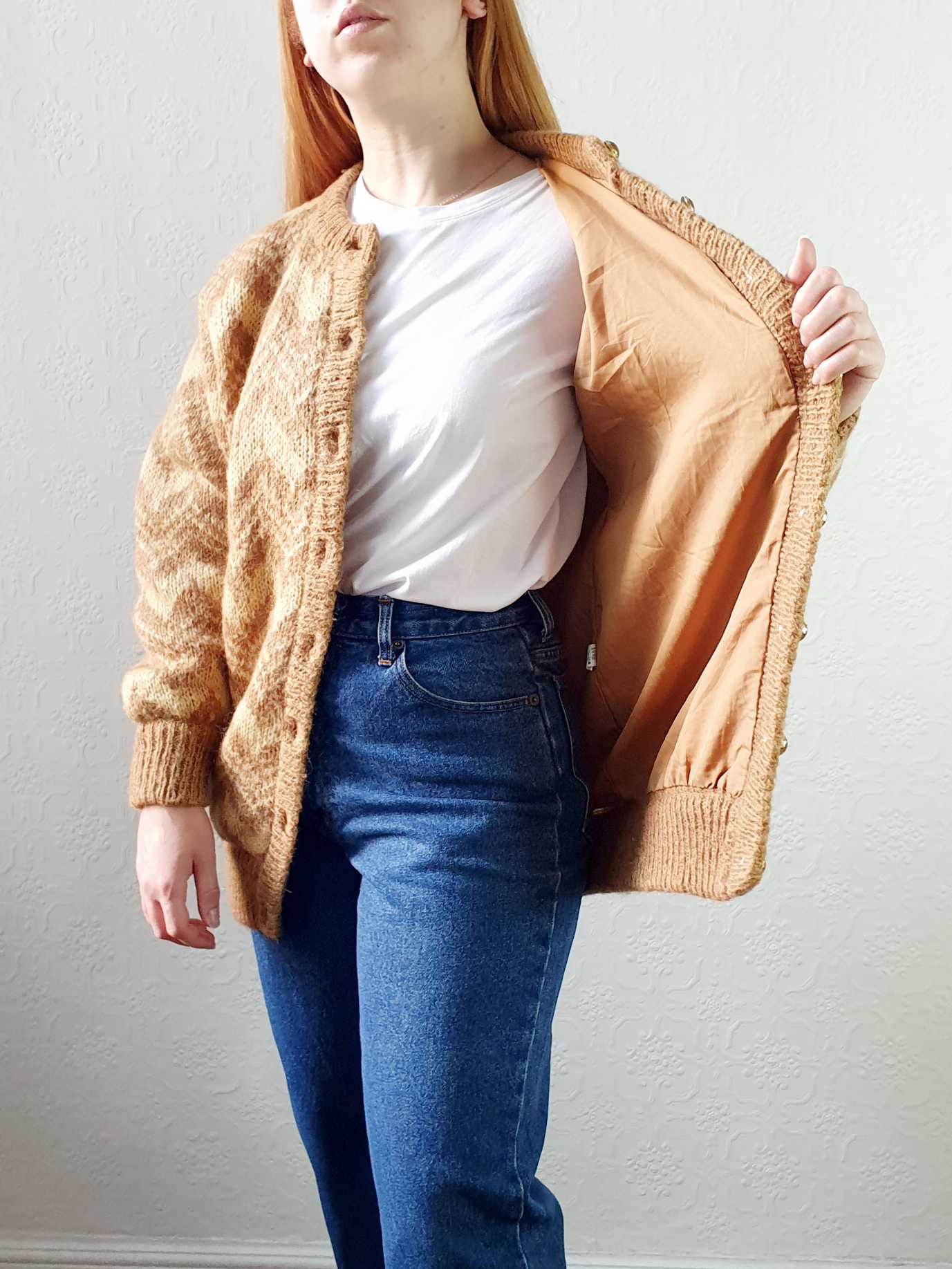 Vintage 80s Mustard Chevron Pattern Wool Cardigan  - M - Image 6