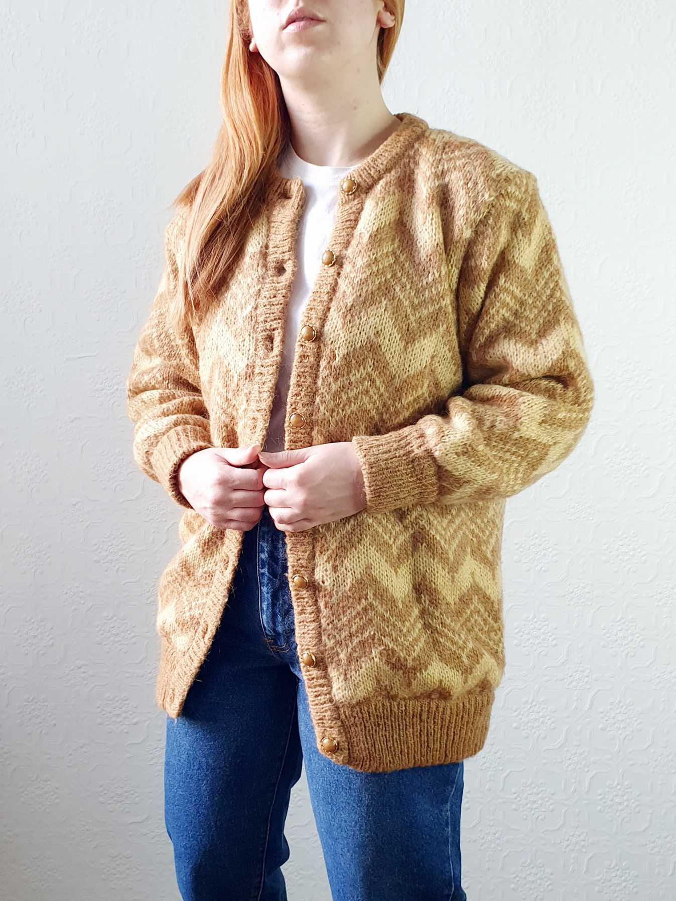 Vintage 80s Mustard Chevron Pattern Wool Cardigan  - M - Image 7