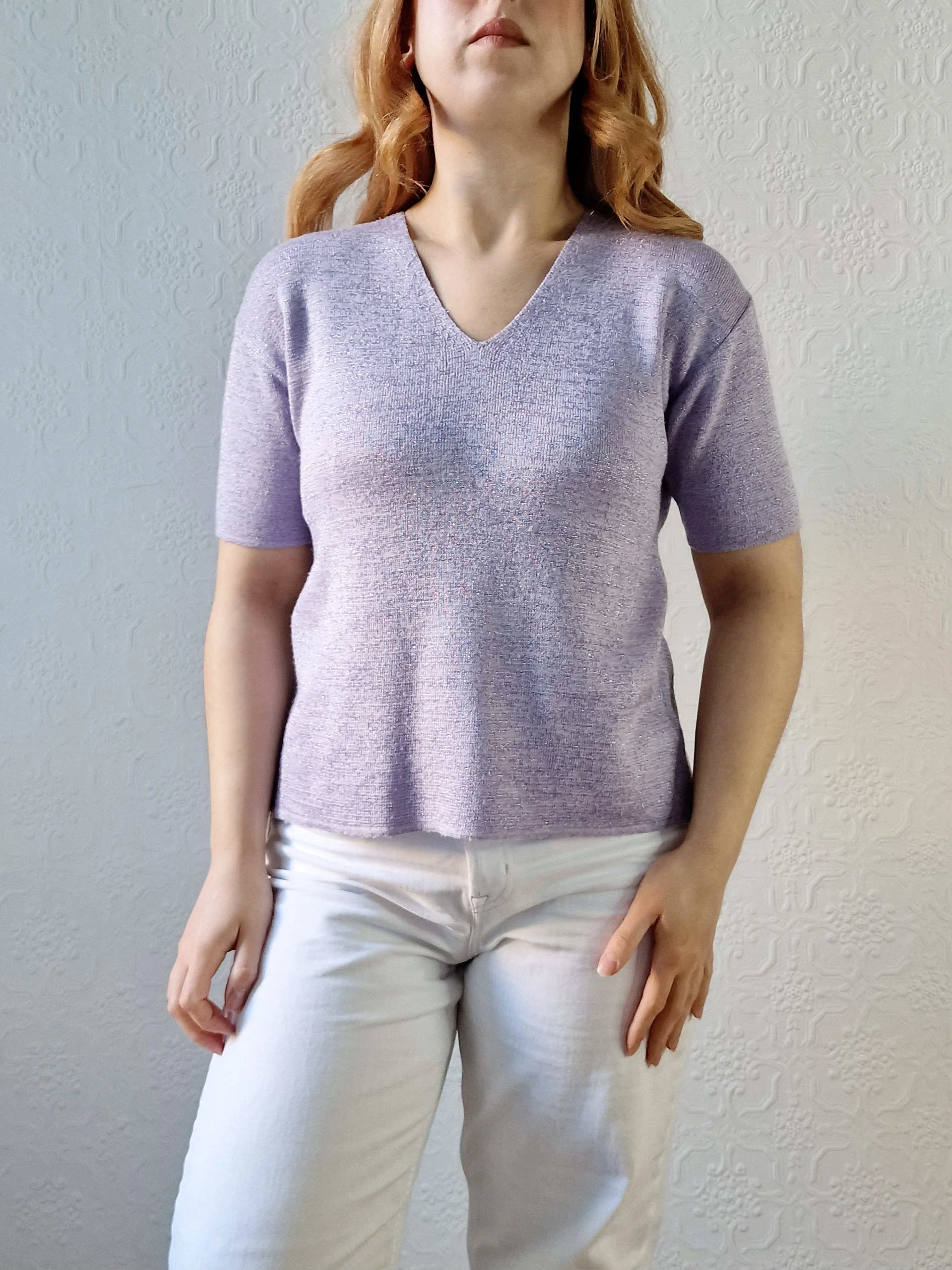 Vintage 90s Lilac Purple V-Neck Knitted Lurex Top with Short Sleeves - S/M - Image 2