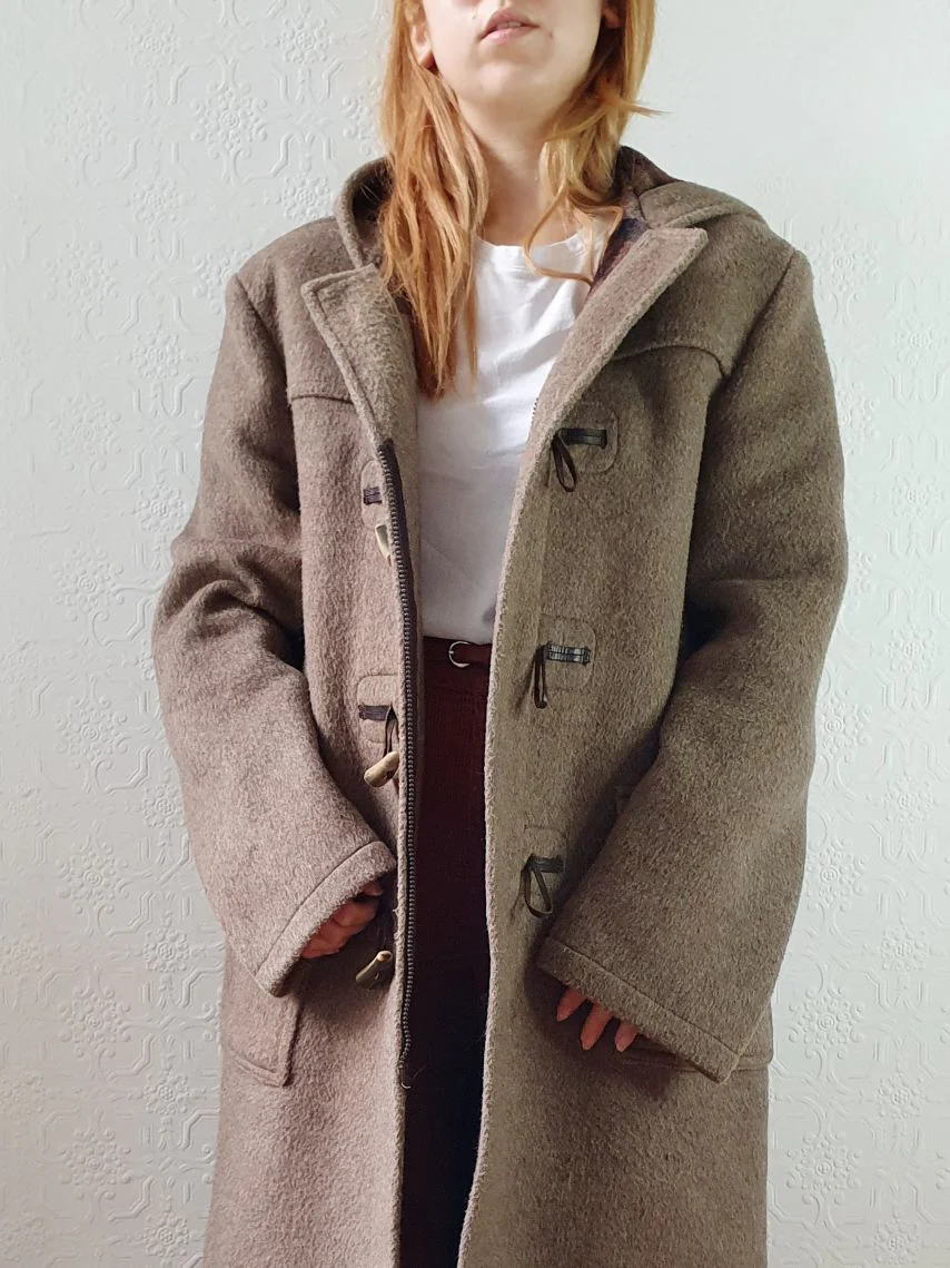 Vintage 90s Taupe Brown Heavy Wool Duffle Coat with Hood  - L - Image 3