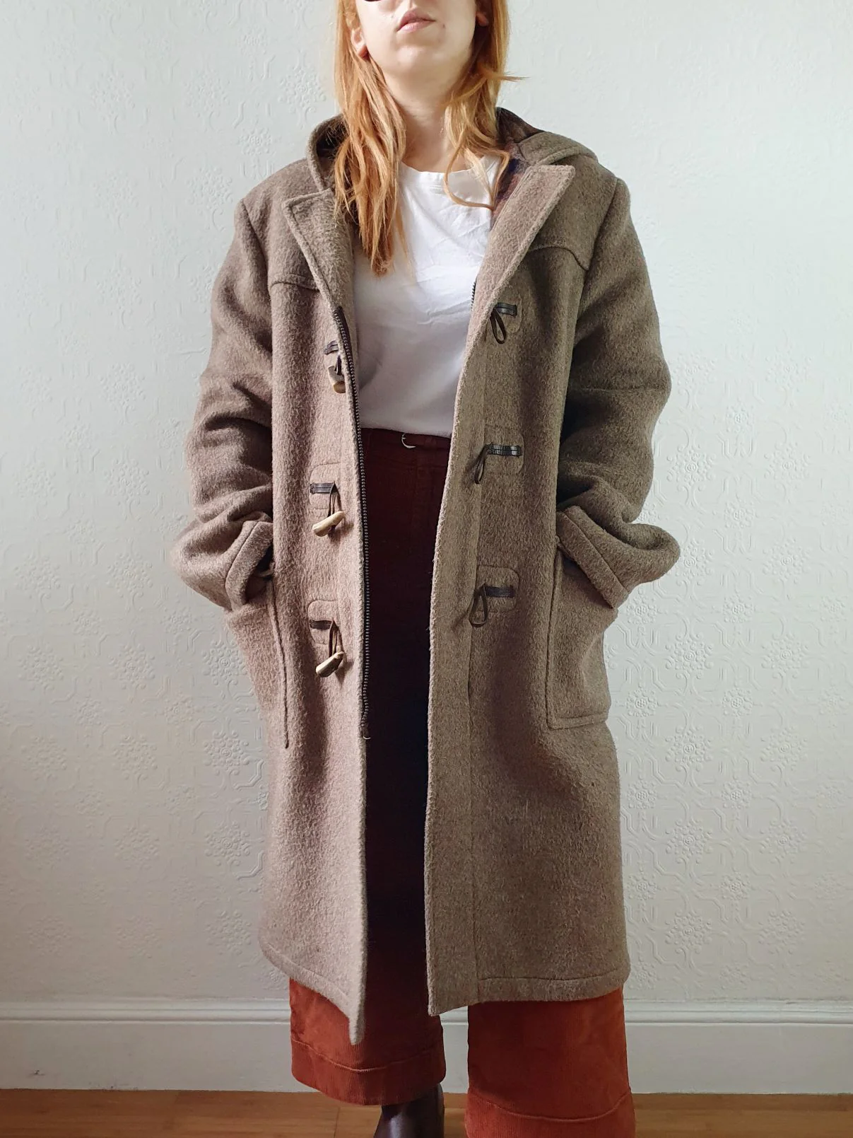 Vintage 90s Taupe Brown Heavy Wool Duffle Coat with Hood  - L - Image 5