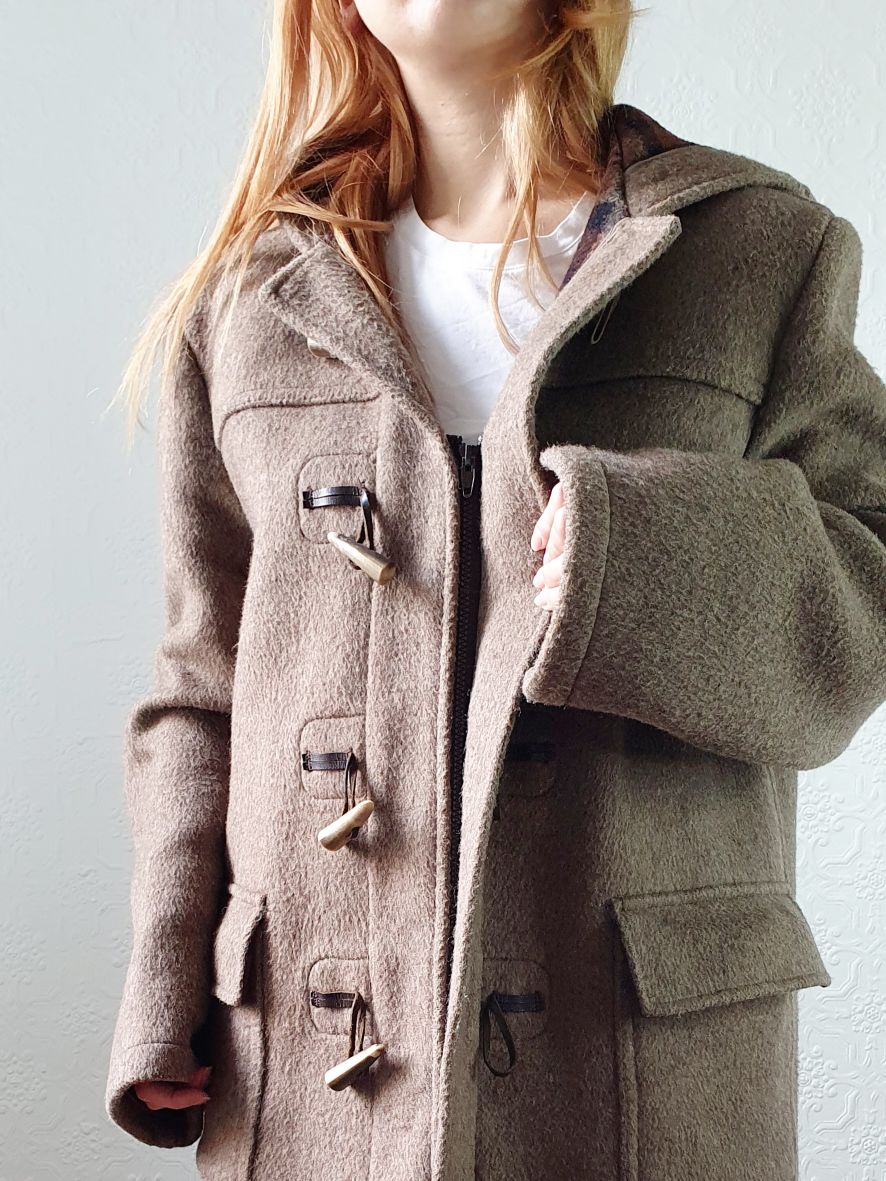 Vintage 90s Taupe Brown Heavy Wool Duffle Coat with Hood  - L - Image 9