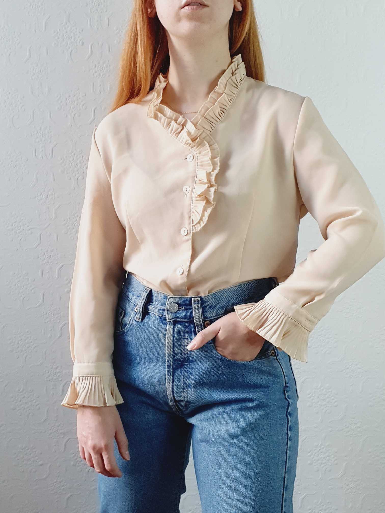 Vintage Beige Ruffle Collar Blouse - XS/S - Image 8