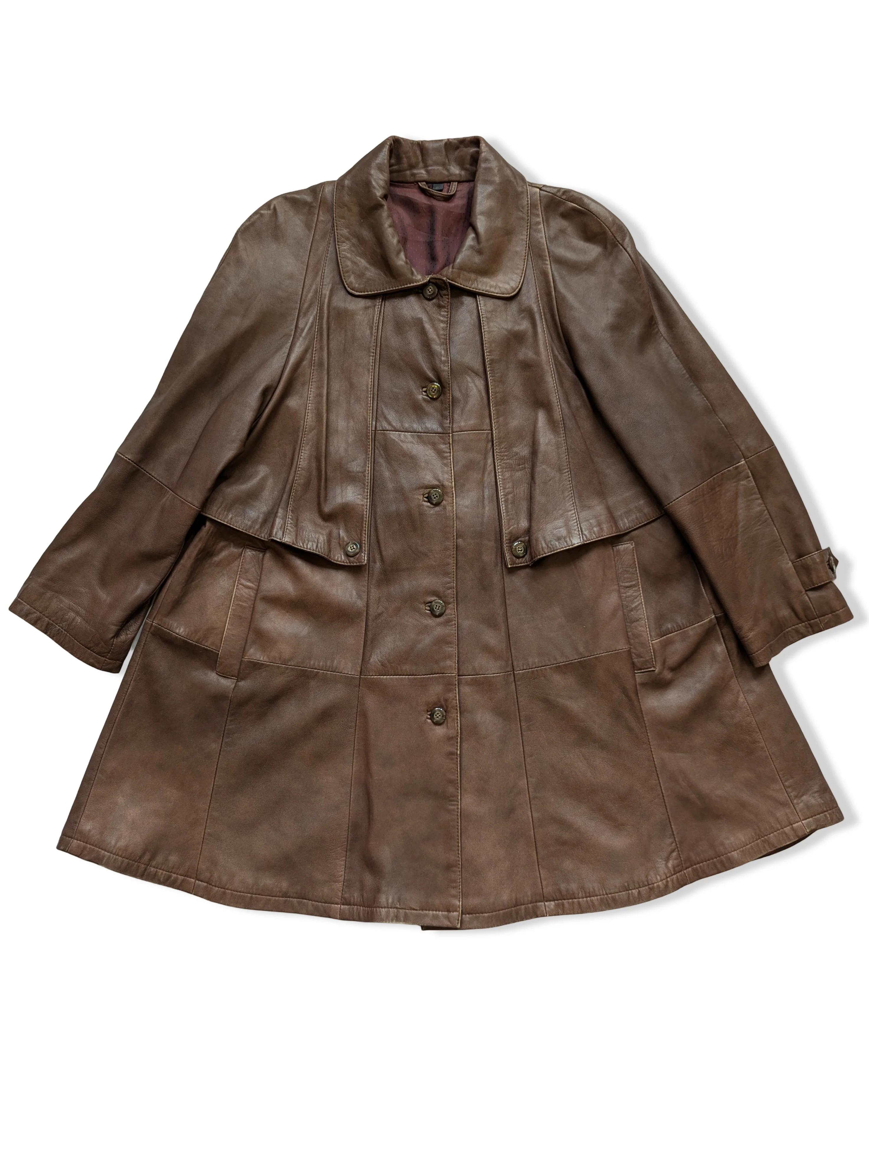 Vintage Brown Leather Long Trench Coat - M