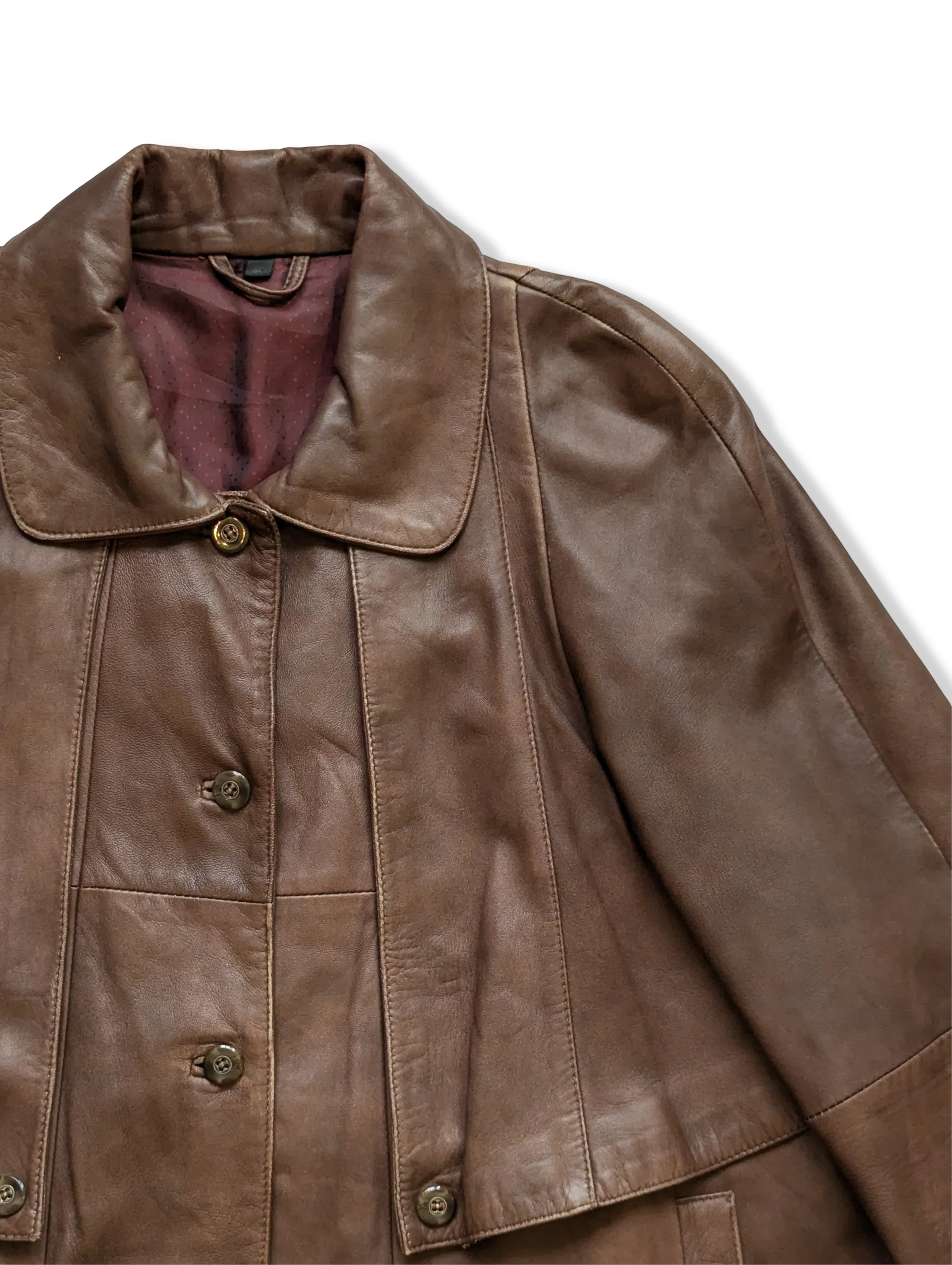 Vintage Brown Leather Long Trench Coat - M - Image 2