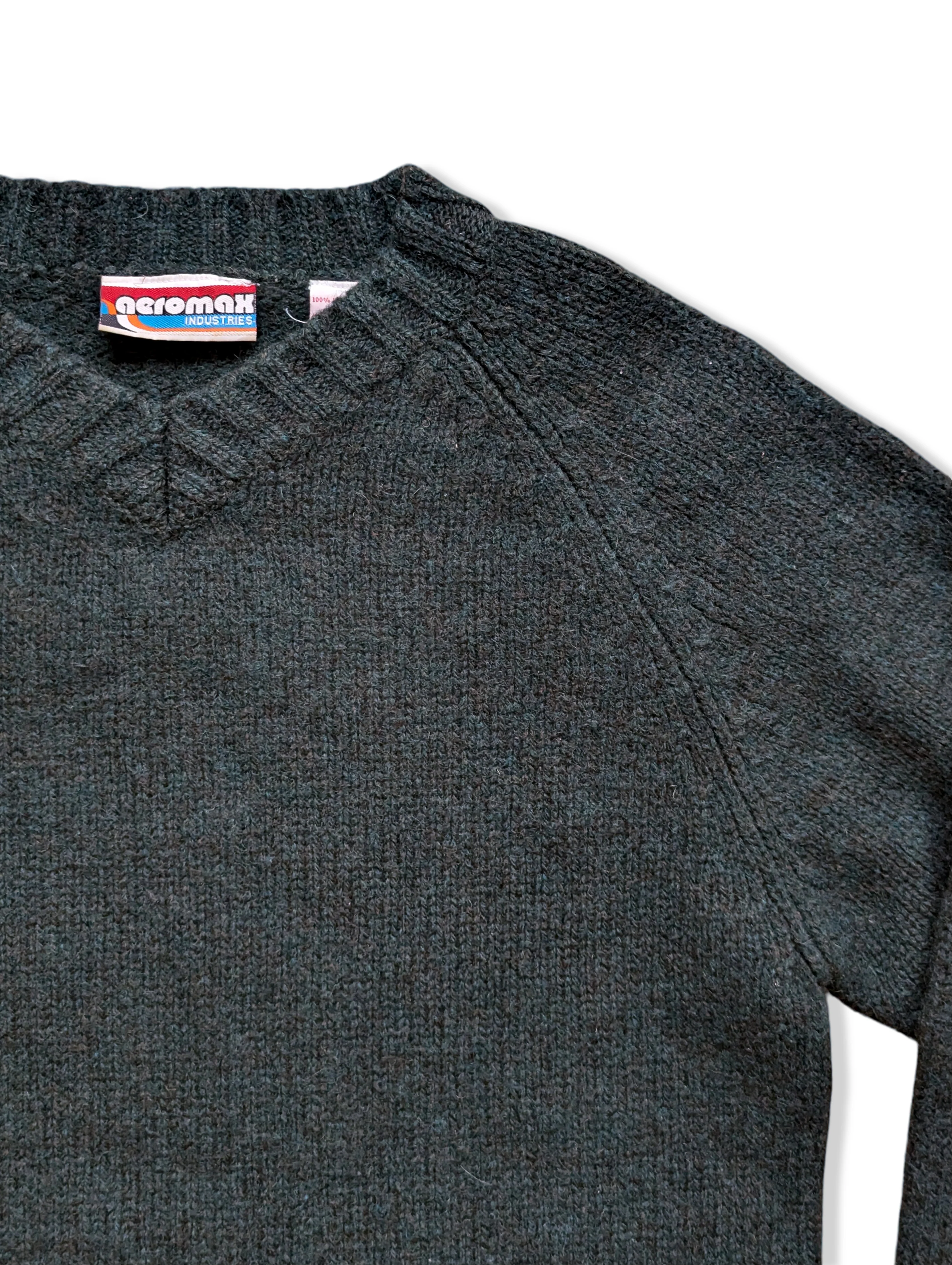 Vintage Green Pure Wool V-Neck Knitted Jumper - S - Image 2