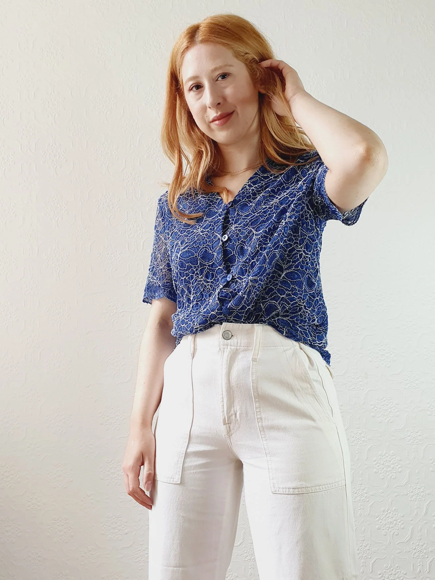 Vintage Lacy Navy Blouse - M - Image 2